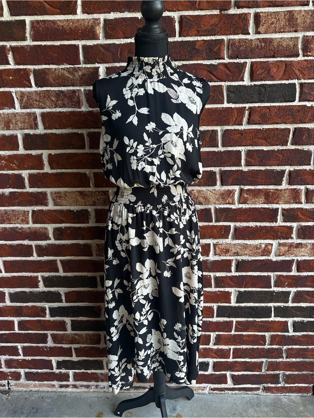 Nanette Lepore Black & White Floral Smocked Midi Dress